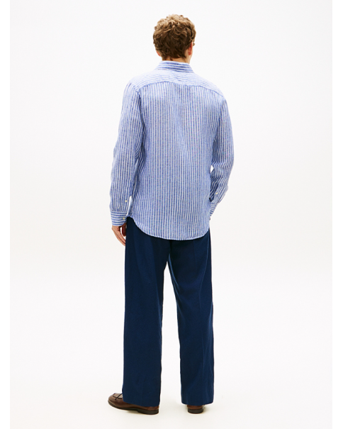 Ανδρικό Λινό Πουκάμισο Tommy Hilfiger MW0MW42400 Legacy Brown/Wedge Blue ΠΟΥΚΑΜΙΣΑ ΜΑΚΡΥ ΜΑΝΙΚΙ