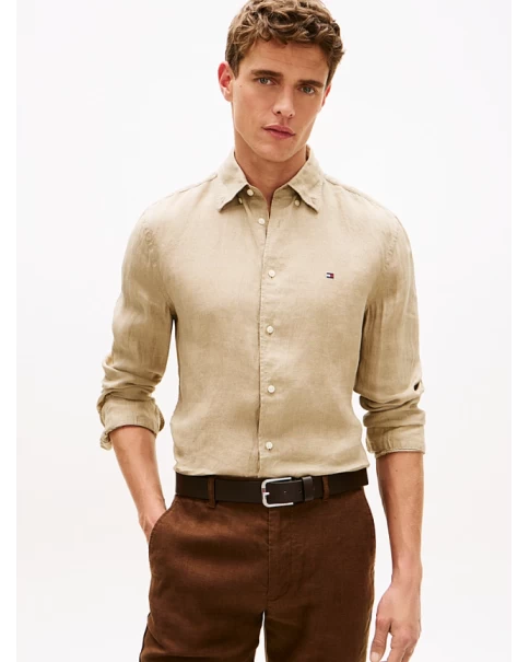 Ανδρικό Λινό Πουκάμισο Tommy Hilfiger MW0MW41530 Carbon Navy/Sandalwood LONG SLEEVE SHIRTS Ανδρικό Λινό Πουκάμισο Tommy Hilfiger MW0MW41530 Carbon Navy/Sandalwood LONG SLEEVE SHIRTS